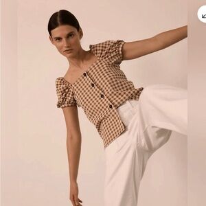 Madewell Yellow-Brown Gingham Puff Sleeve Top